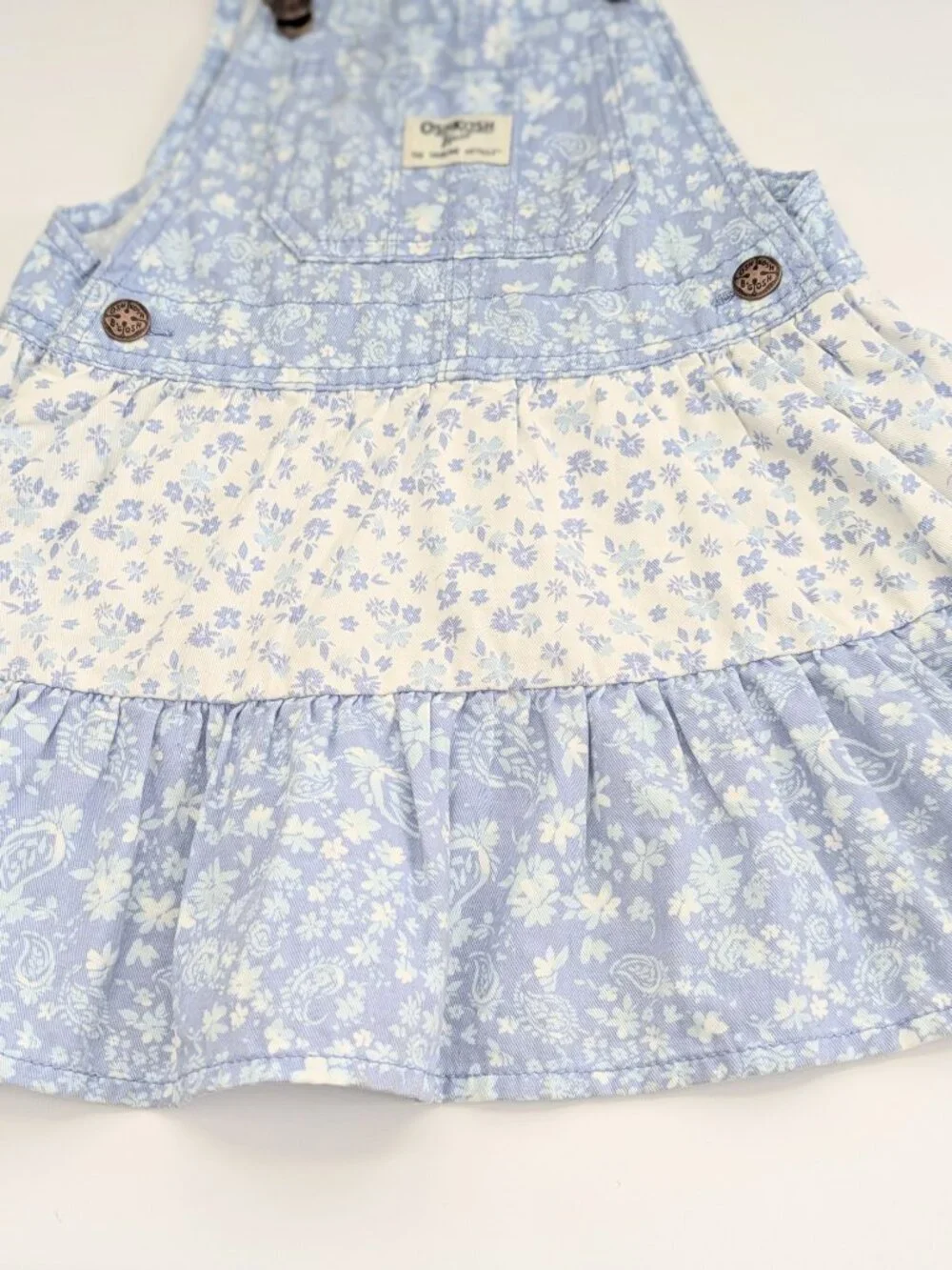 OshKosh B'gosh Girls (Size 3) Blue & White Floral Tiered Bib/Overall-Style Dress